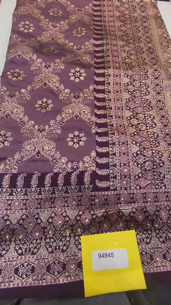 Elegant Mauve-Purple Silk Katan Saree with Intricate Gold Zari Brocade & Embroidered Full-Sleeve Blouse
