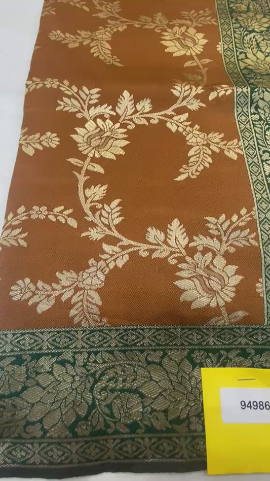 Elegant Rust Orange & Emerald Green Soft Katan Saree with Embroidered Full-Sleeve Blouse
