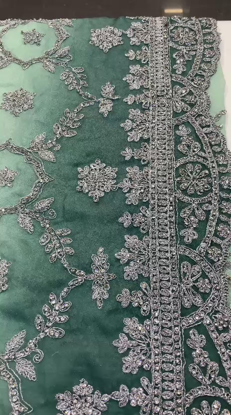 Ombre Mint & Deep Teal Georgette Saree with Intricate Silver Embellishments & Full-Sleeve Blouse