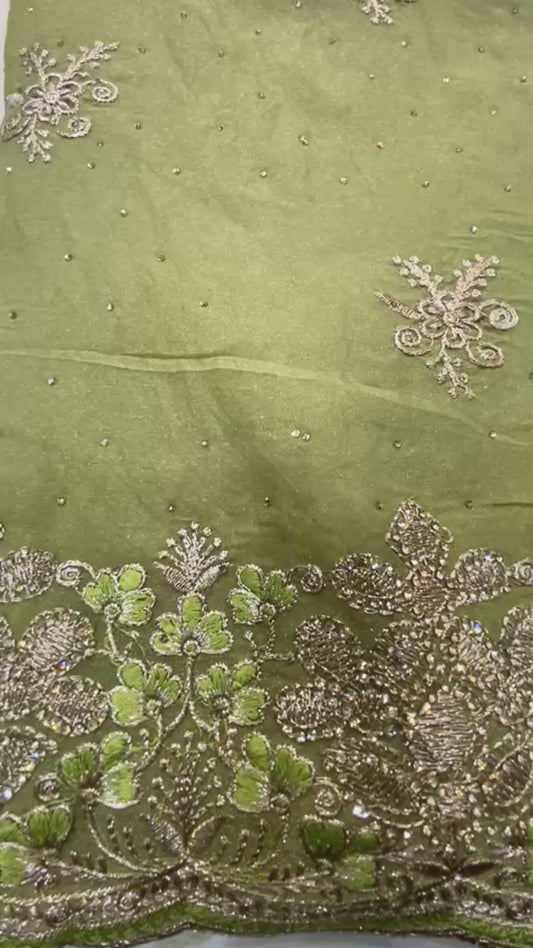Olive Moss Georgette Saree with Full-Sleeve Blouse