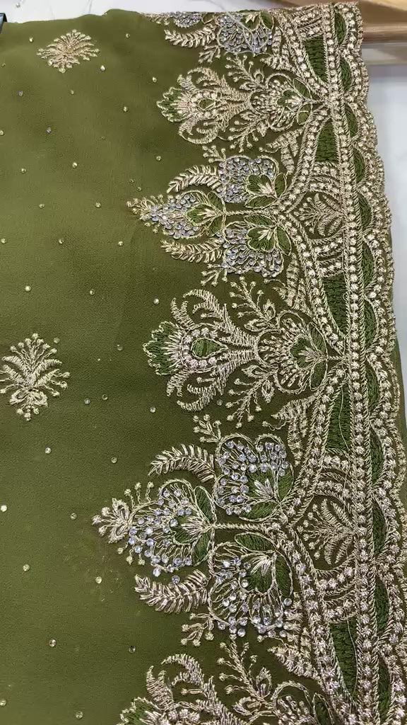 Olive Green Embroidered Georgette Saree with Matching Full-Sleeve Blouse Set