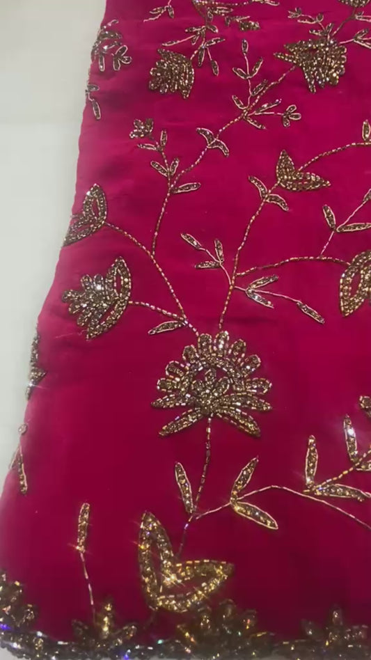 Bridal Crimson Elegance Embroidered Saree With Matching Full Sleeve Blouse.  Scarf is available seperately.