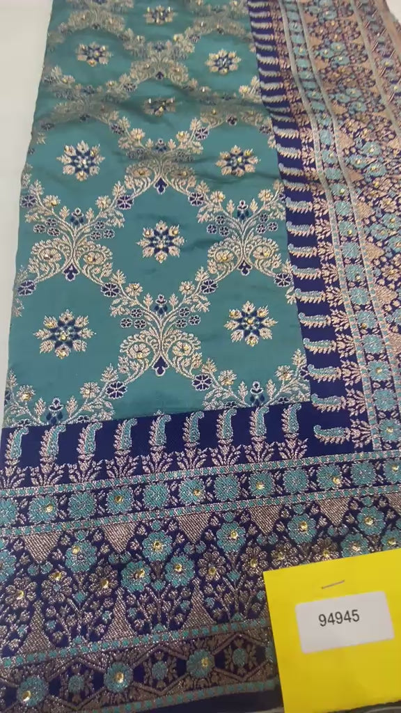 Teal & Royal Blue Banarasi Silk Saree with Full-Sleeve Zari Blouse