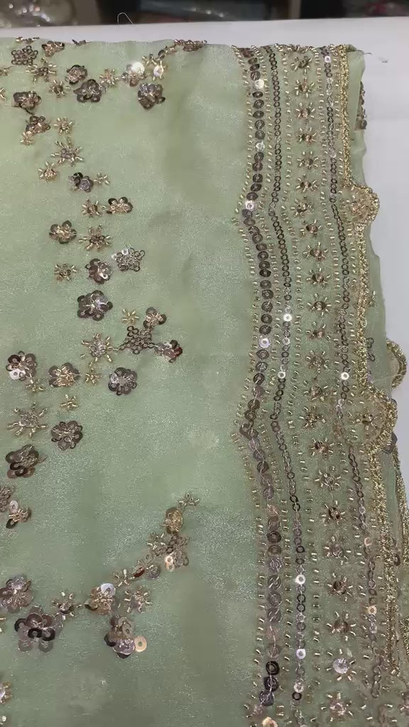 VIRAL SAREE - Elegant Pastel Mint Green Saree with Sequin Floral Embroidery And Full Sleeve Blouse