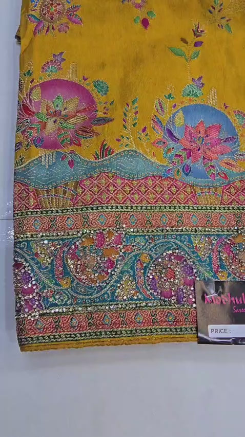 Bright Mustard Yellow Saree with Intricate Floral Border & Full-Sleeve Blouse