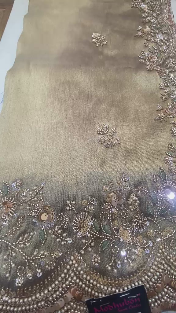 Golden Champagne Pearl & Sequin Embroidered Saree Set