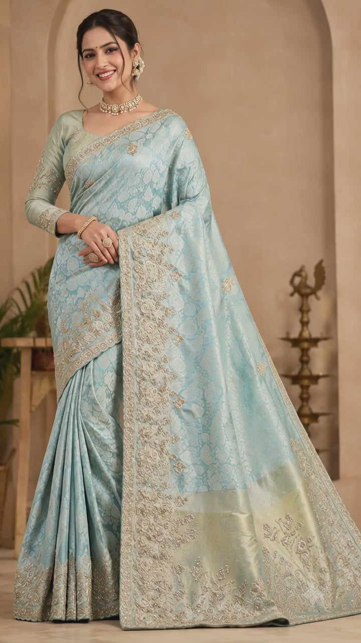 Regal Aqua Saree with Zari Work with full sleeves blouse