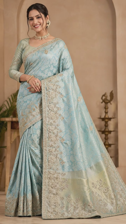 Regal Aqua Saree with Zari Work with full sleeves blouse