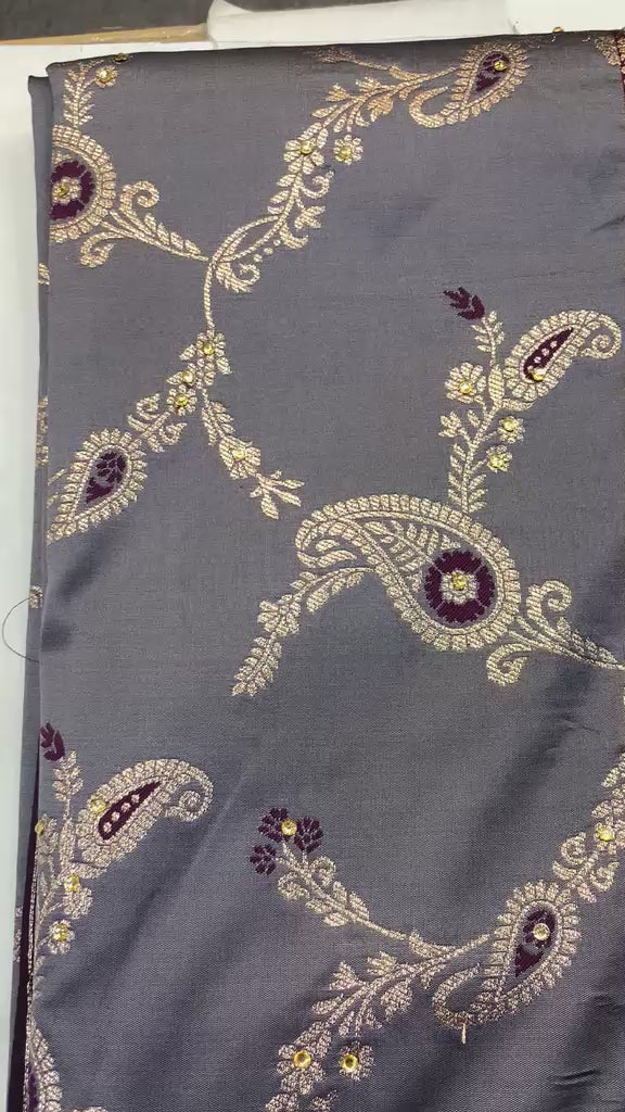 Banarasi Elegant Slate Grey & Deep Wine Silk Blend Saree with Full-Sleeve Blouse