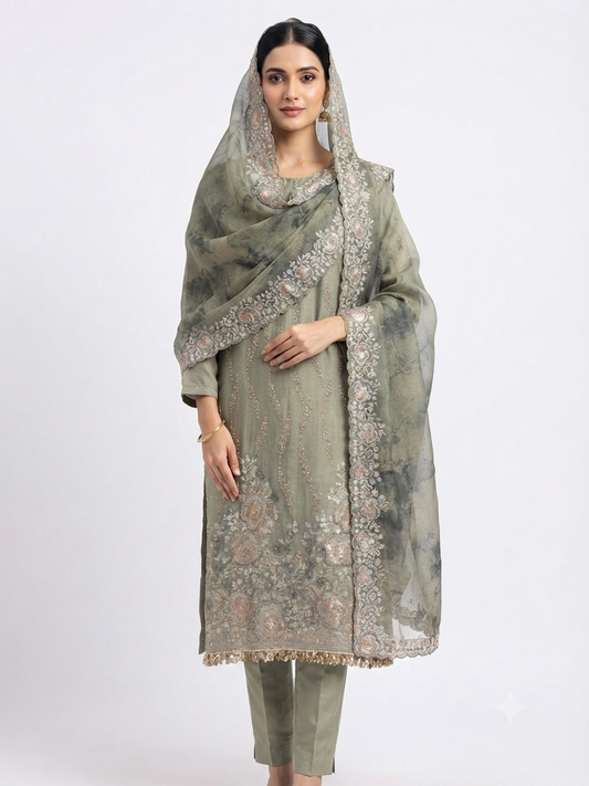 Embroidered Kameez and Scarf on soft satin organza fabric