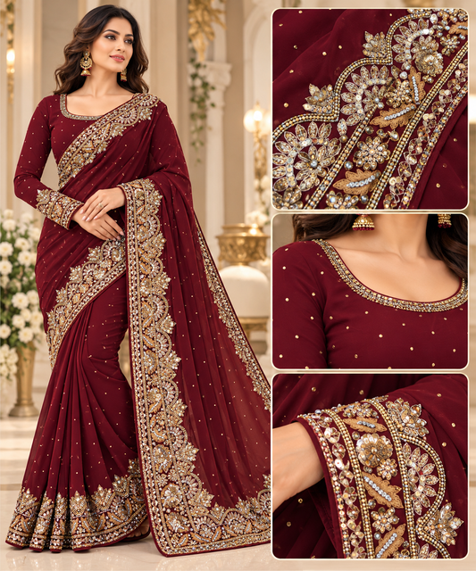 Royal Maroon Luxury Embroidered Saree ✨