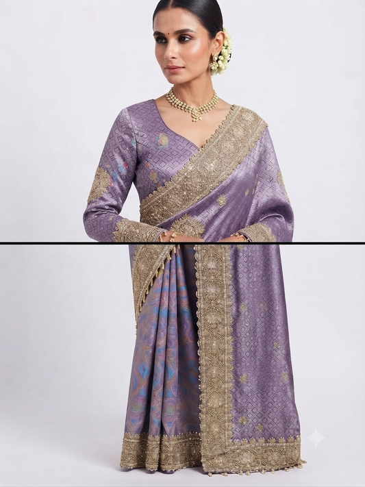 Giraff silk in lilac with ready made full sleeve blouse.