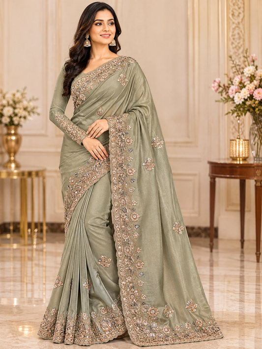 Elegant Sage Green Embroidered Saree with Sequin Work