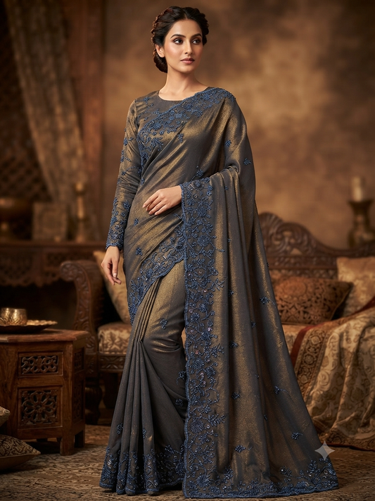 Charcoal and Blue Saree with Sequin Detail