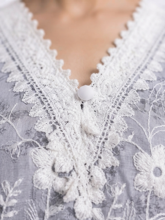 Grey Embroidered Lace-Trim Kurti Set