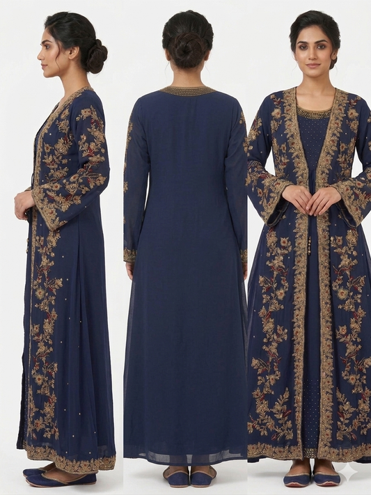 Embroidered Navy Blue Open Abaya with Matching Inner Dress