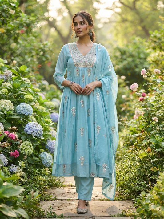 Sky Blue Embroidered Anarkali Suit Set