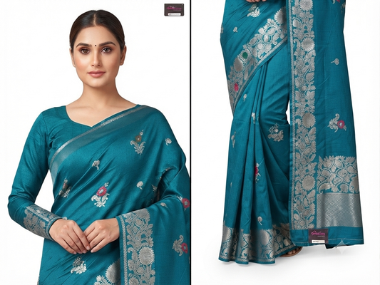 Teal Banarasi Silk Saree with Matching Blouse