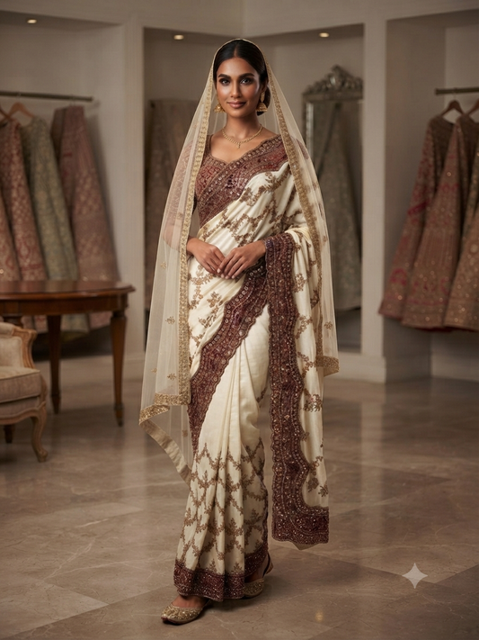 Off white and maroon contrast satin  bridal saree with matching net scarf.