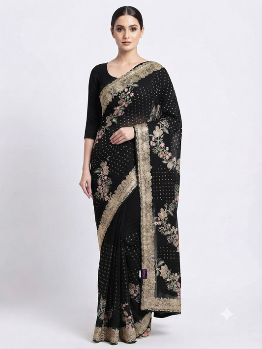 Black Georgette Saree with Floral Embroidery and Scalloped Border