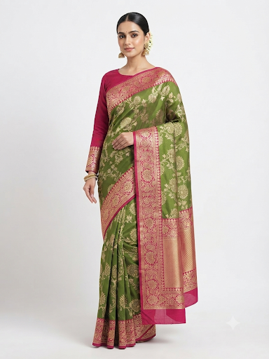 GYT Katan mehendi saree with ready-made blouse.