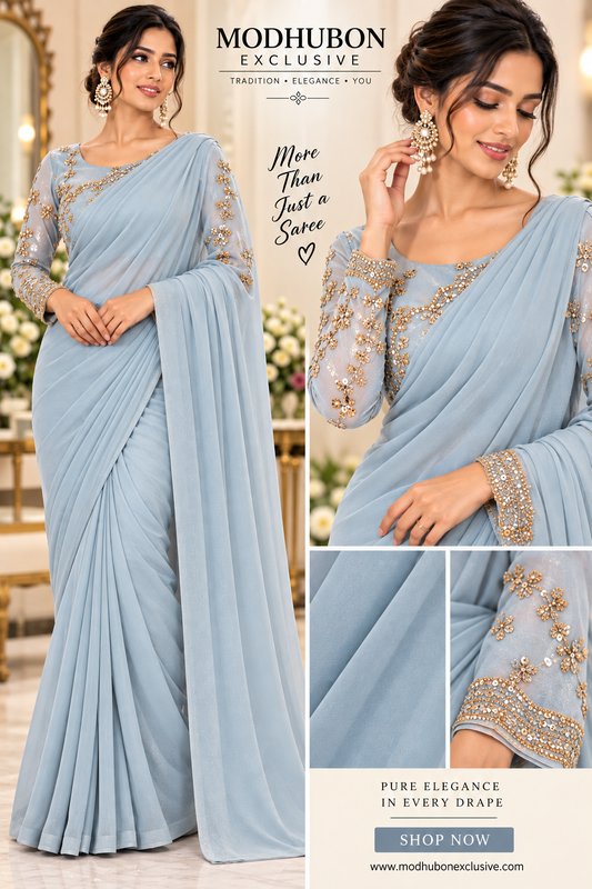 Viral plain saree with heavy full sleeve blouse