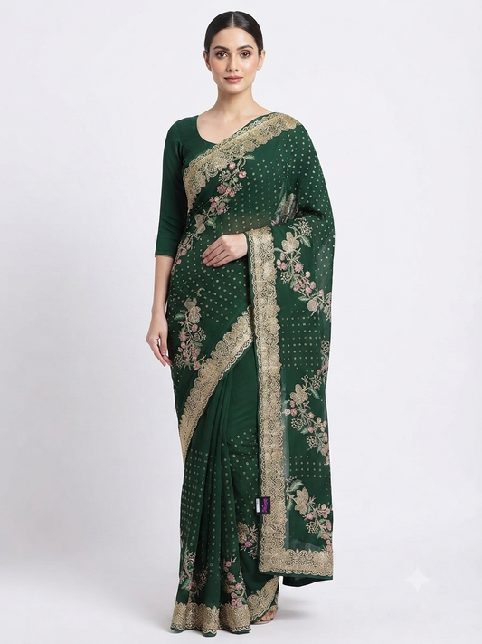 Dark Green Georgette Saree with Floral Embroidery and Scalloped Border