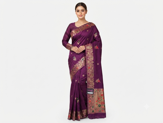 Purple Banarasi Silk Saree with Matching Blouse