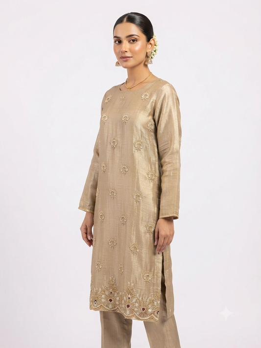 Beige Embroidered Kurta Set with Dupatta