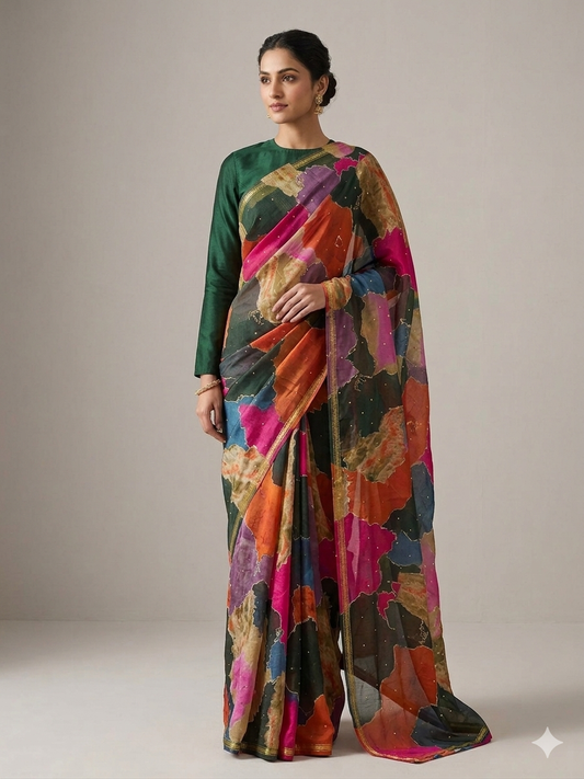 MEHENDI SAREE with abstract print and matching full sleeve blouse.
