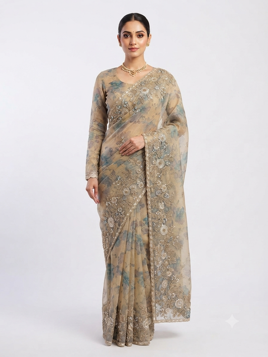 Floral Print Satin soft Organza Saree with Full Sleeve Blouse