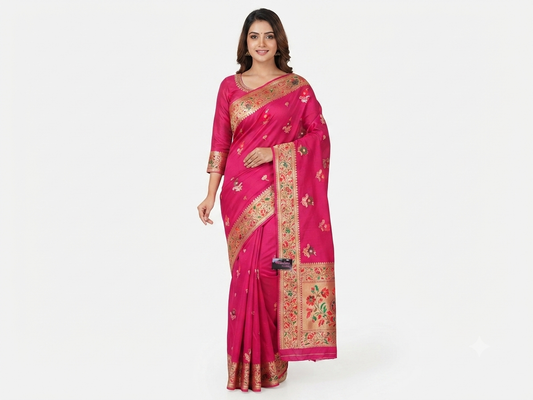 Magenta Banarasi Silk Saree with Gold and Red Zari Work