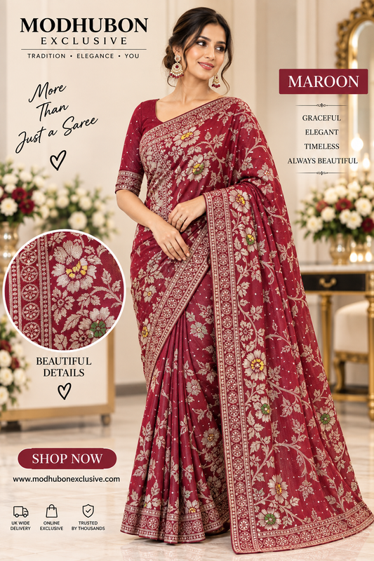 Maroon katan saree with full sleeve blouse