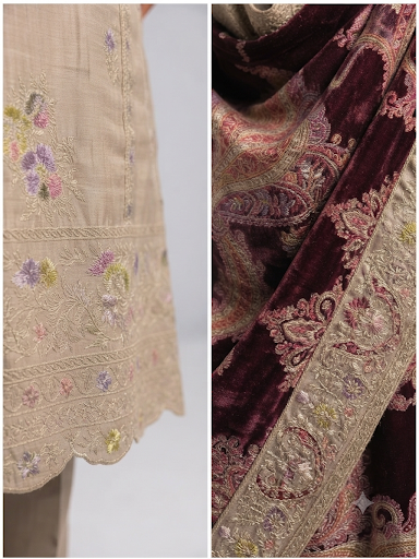 Beige Embroidered Kurta Set with Velvet Paisley Shawl