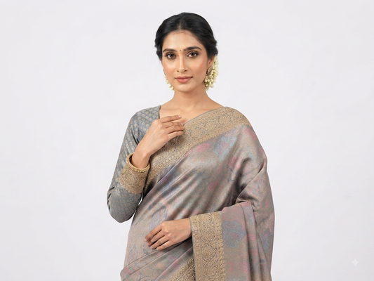 GIRAFF SILK in blue with ready made full sleeve blouse.