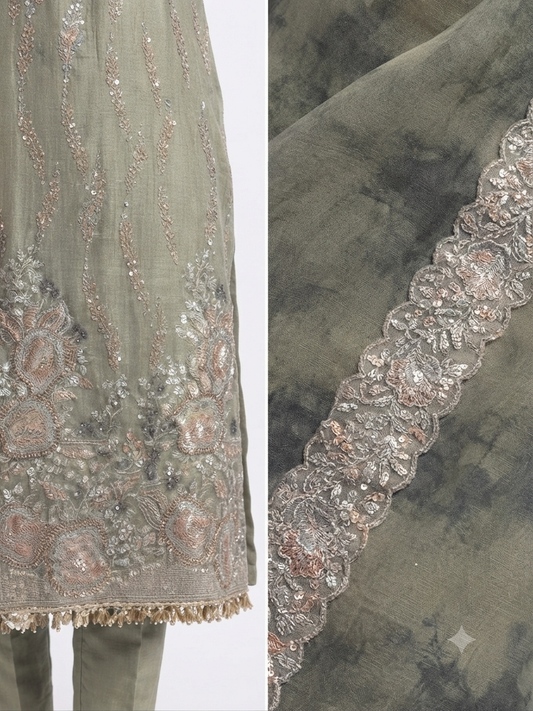 Embroidered Kameez and Scarf on soft satin organza fabric