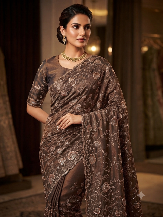 Mystical Brown Saree with Embellished full sleeve Blouse