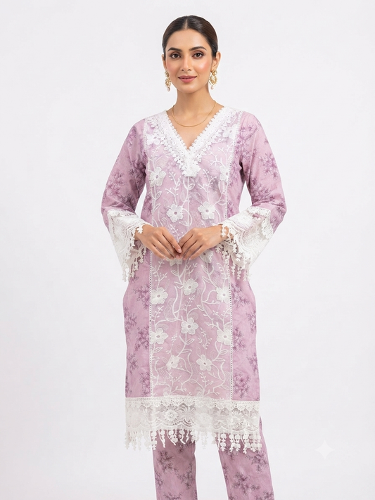 Pink Floral Embroidered Lace Kurti Suit