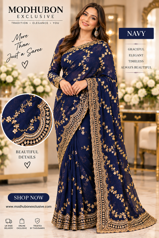 Viral navy saree with ready made blouse.