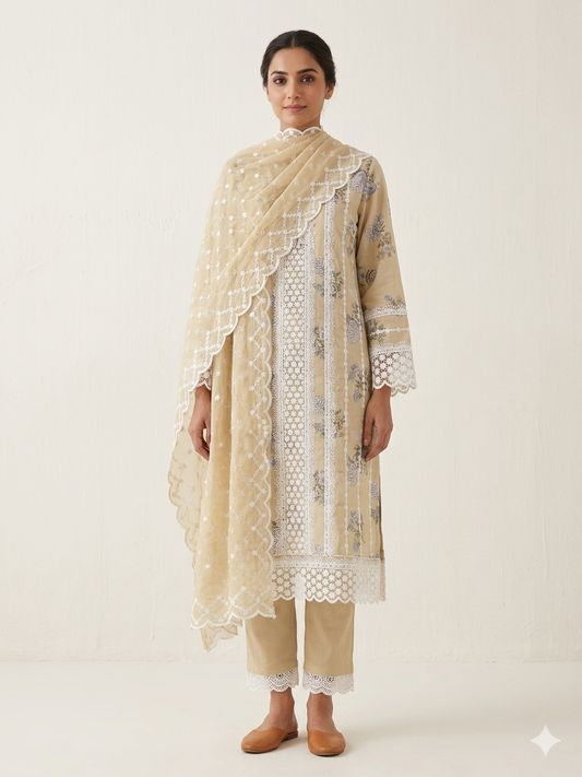 Women's 3-Piece Embroidered Beige Salwar Kameez Suit