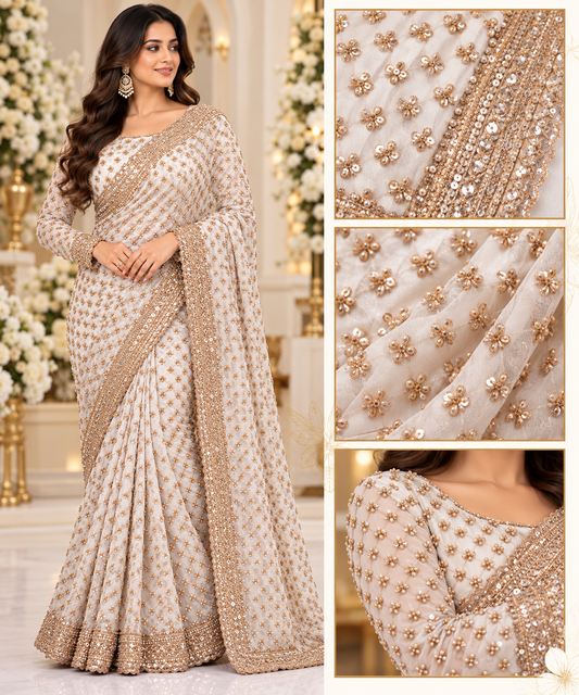 Ivory Gold Embellished Saree with Full Sleeve Blouse.
