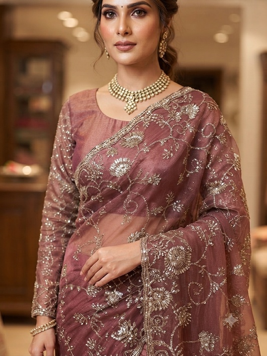 Dusty Rose Saree with Gold Embellishment, with full sleeve ready made blouse.
