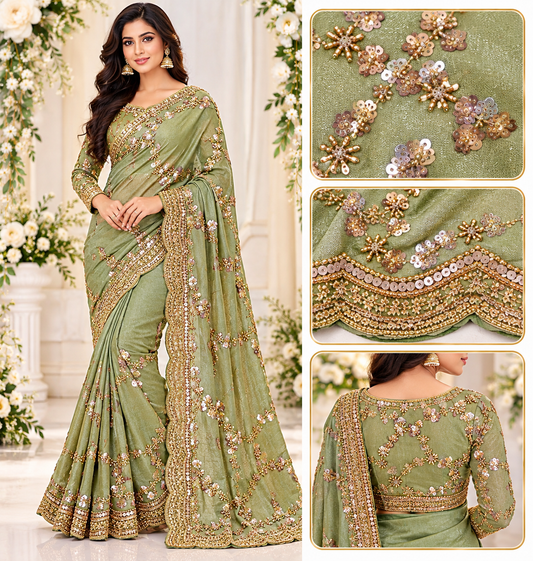 VIRAL SAGE GREEN ON VICHITRA SILK FABRIC