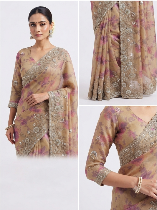 Floral Print Saree with Matching Blouse in soft satin organza