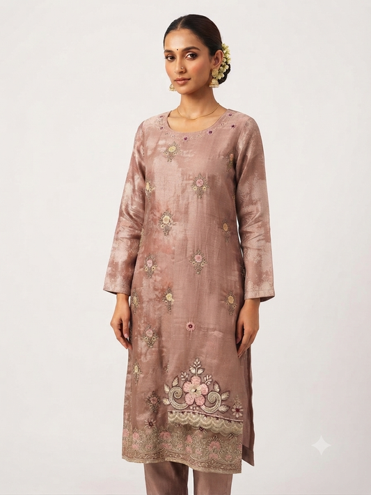 Mauve Embroidered Kurta Set with Matching Dupatta