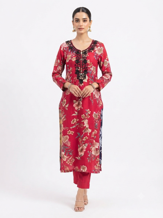 Red Floral Beaded Kurta Set