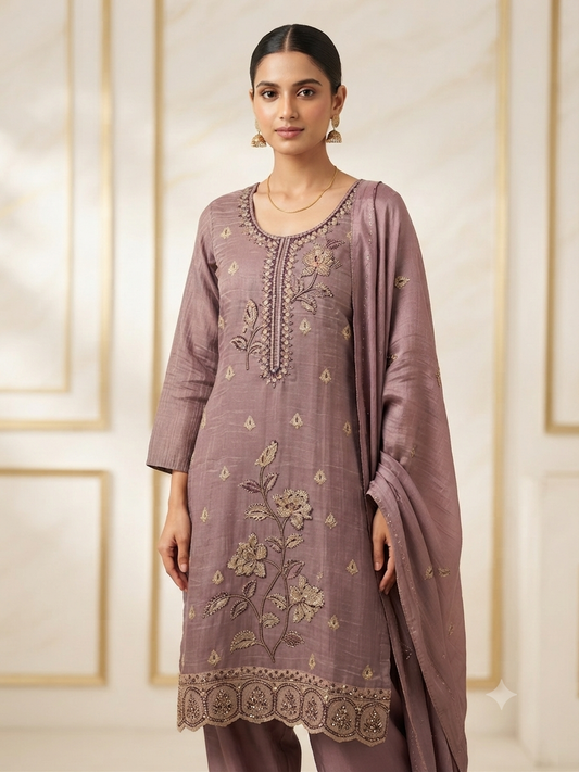Embroidered Mauve Silk Kurta Set