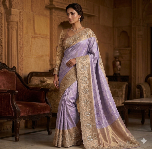 Premium Lilac Jacquard Saree with Embroidered Tissue Blouse Piece
