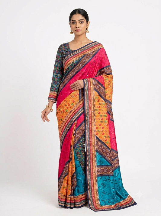 Vibrant Geometric Print Saree with mirror and Matching Blouse