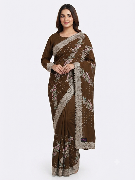 Dark Brown Georgette Saree with Floral Embroidery and Scalloped Border